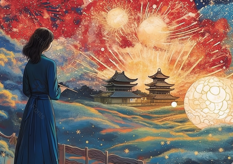 山腰女人看远处庭院内烟花气息中国风国潮古典中国传统文化背景插画,插画/手绘图,插画/手绘图库,插画/手绘图下载,插画/手绘